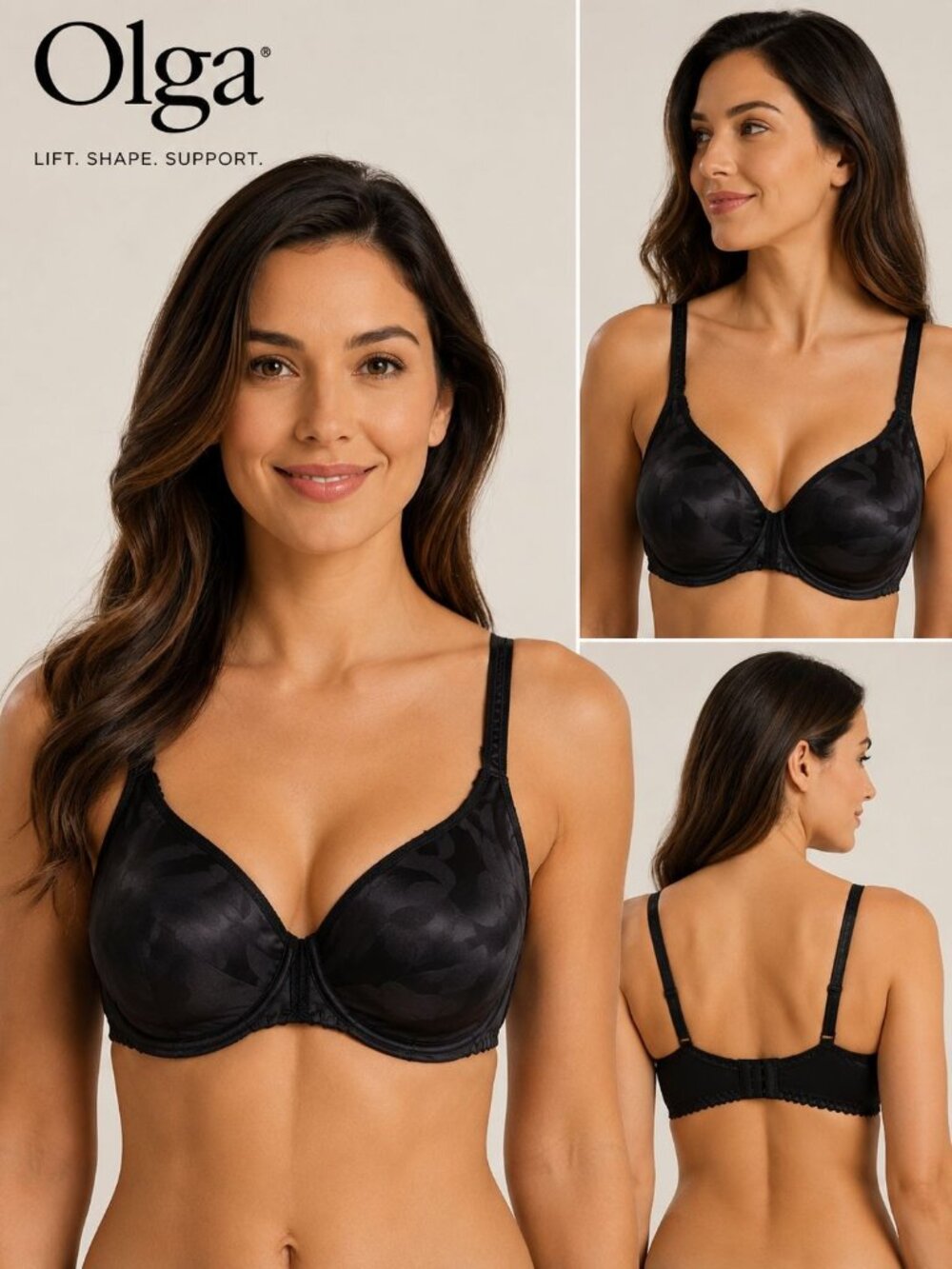 Olga Underwire Bra Floral Pattern Nylon Spandex Adjustable Straps Black 34b
